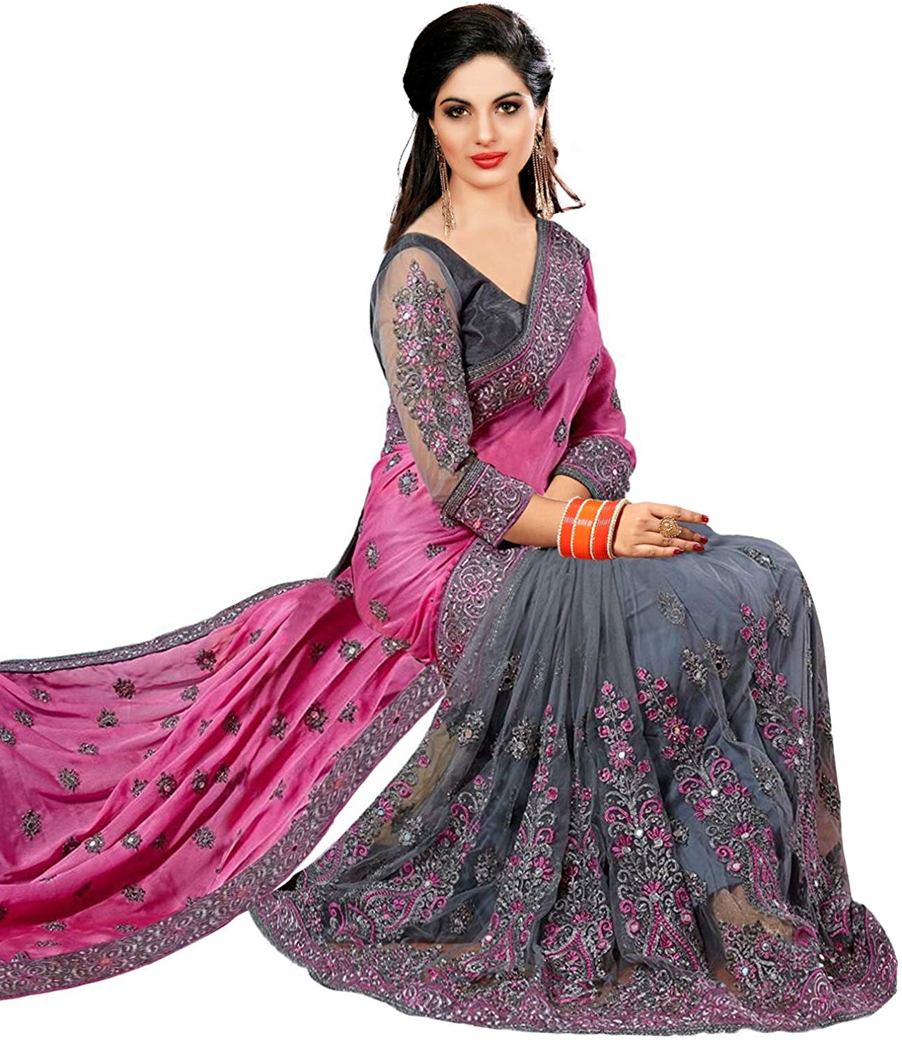 Nivah Fashion Satin Net Embroidery Half Half Saree With Blouse Piece K608 rav Mart